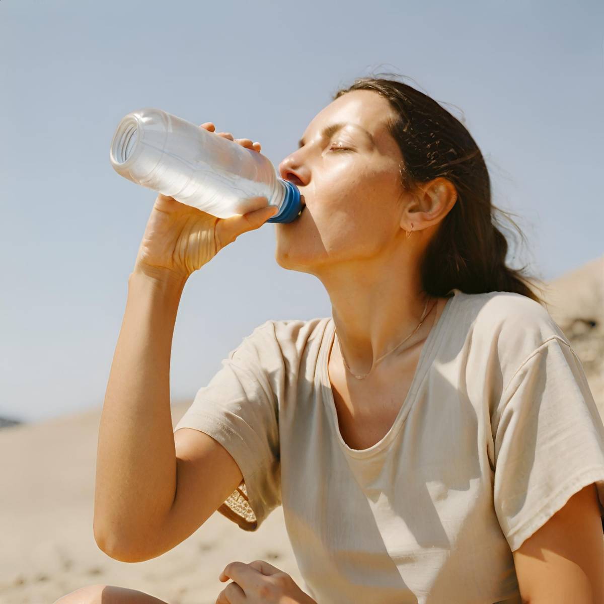 woman drinking water from a plastic bottle