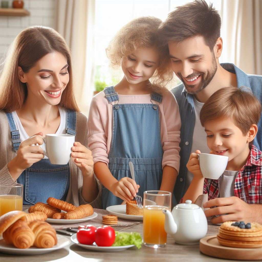 rodzina spożywająca śniadanie i pijąca herbatę